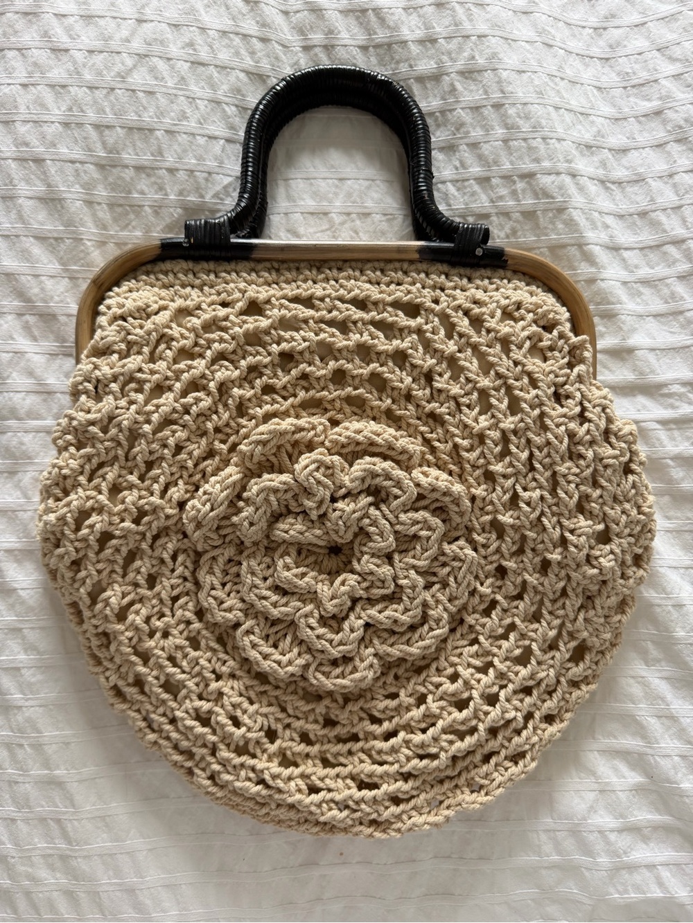 Handmade Cream Crochet Circle Tote with Black Handles
